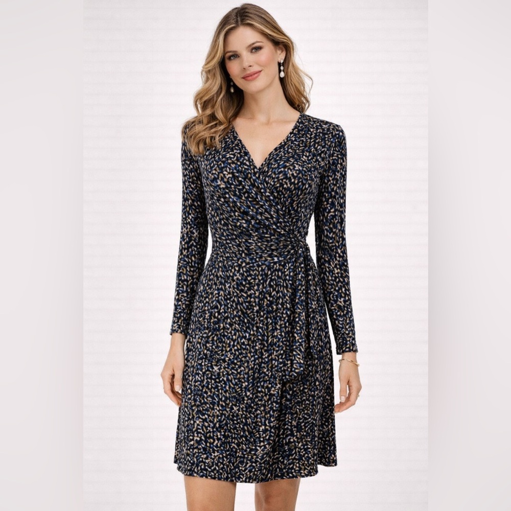 Chaps Ralph Lauren Dress Navy Brown Medium M Long Sleeve Stretch Washable